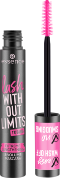 Essence Lash Without Limits Tubing Mascara, czarna tubka z różowym pędzelkiem, wydłużająca i nadająca objętość, łatwo zmywalna.