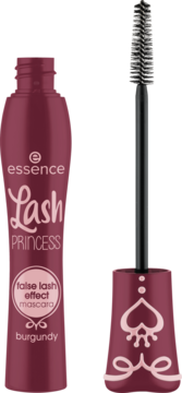Bordowa mascara Essence Lash Princess false lash effect z otwartą butelką i aplikatorem obok, widok z przodu.