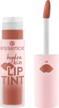 Essence Hydra Kiss Lip Tint, odcień 10 Blushing Nude, z wyjętym aplikatorem. Jasny, cielisty kolor na różowym tle.