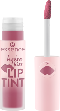 Essence Hydra Kiss Lip Tint, różowy 02 Vintage Rose. Matowa butelka i aplikator obok siebie, widok z przodu.