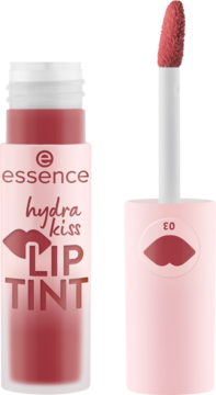 Essence Hydra Kiss Lip Tint Rosy Blossom, koralowy tint w buteleczce, obok wyciągnięty aplikator.