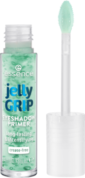 Essence Jelly Grip Eyeshadow Primer, zielony żel w butelce, aplikator obok, długotrwały i bez zagnieceń.