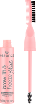 Różowy żel do brwi essence brow lift & freeze glue z otwartym aplikatorem dwustronnej szczoteczki.