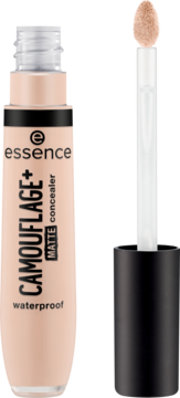 Korektor Essence CAMOUFLAGE+ MATTE w jasnym odcieniu, otwarta tubka z aplikatorem pokrytym produktem.