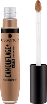 Essence Camouflage+ Matte Concealer, odcień 180, tubka z wyjętym aplikatorem i produktem w kolorze nude.