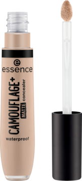 essence CAMOUFLAGE+ MATTE waterproof concealer 100, jasny odcień, otwarta tubka z aplikatorem.