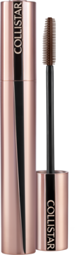 Collistar Mascara Infinito: brązowy tusz do rzęs, rose gold tubka z logo, wyjęta szczoteczka z produktem.