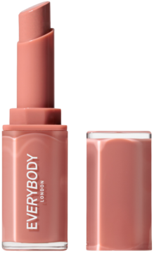 Otwarta nawilżająca pomadka Everybody London Plumping Lipstick, odcień Pink Beige, widoczny sztyft i nakrętka.