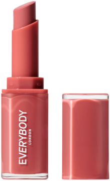Plumping Lipstick Dusty Rose Everybody London, otwarty, ze skośnie ściętą pomadką i odłożoną nakrętką.