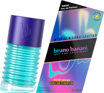 Męskie perfumy Bruno Banani bb Energy: turkusowa butelka z prążkami, fioletowy korek, obok holograficzne opakowanie 50ml.