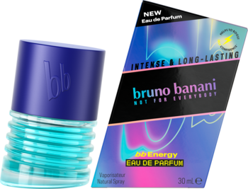 Męska woda perfumowana Bruno Banani bb Energy, turkusowa butelka i energetyczne opakowanie, ułożone pod kątem.