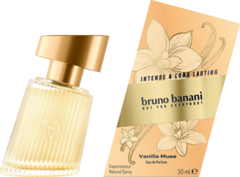 Bruno Banani Vanilla Muse, bursztynowa butelka EDP z prążkami i złotą nakrętką, obok beżowego pudełka z wanilią.