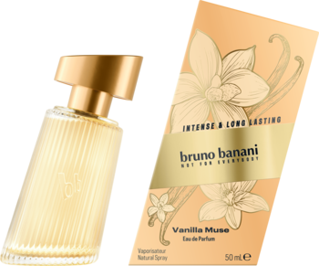 Bruno Banani Vanilla Muse: złota butelka perfum i beżowe opakowanie z wanilią, widok z przodu.