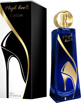 Perfum High Heels L'adore: elegancki zestaw, czarne pudełko i granatowa butelka ze złotym obcasem.