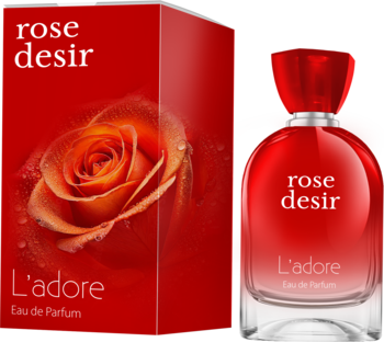 Czerwony flakon i pudełko Rose Desir L'adore Eau de Parfum z różą, widok z przodu pod kątem.