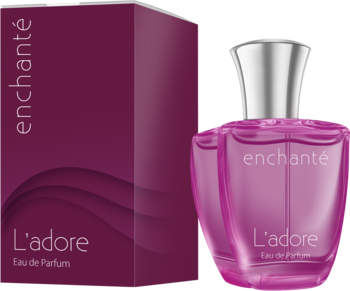 enchanté L'adore Eau de Parfum w fuksjowej butelce z srebrną nakrętką, obok purpurowego pudełka, widok z przodu.