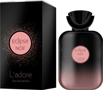 Perfumy Eclipse Noir L'adore EDP: czarna butelka i pudełko z różowym okręgiem i brokatem, widok z przodu.