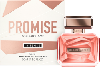 Perfumy Promise Intense by Jennifer Lopez 30ml, flakon i pudełko rose gold, fasetowany design, widok z przodu.