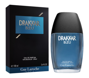 Męska woda perfumowana Guy Laroche Drakkar Bleu, niebieska butelka i czarne opakowanie z logo, widok z przodu.