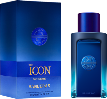 Ciemnoniebieskie pudełko i butelka The Icon Supreme Banderas EDP, męska woda perfumowana z nutą konopi.