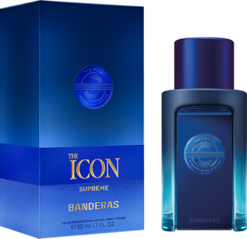 Męska The Icon Supreme Banderas EDP, butelka i pudełko w głębokim błękicie, widok z przodu ze złotym napisem.