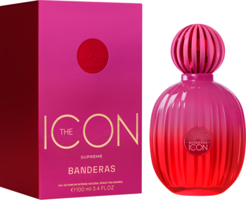Woda perfumowana Icon Supreme Banderas: fuksjowo-czerwona butelka z prążkowanym korkiem obok pasującego pudełka.