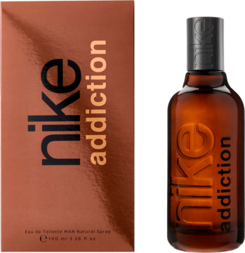 Brązowe pudełko i butelka męskiej wody toaletowej Nike Addiction 100ml, kwiatowo-owocowy zapach, widok pod kątem.