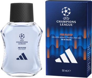 Adidas UEFA Champions League Pro Player EDT 50ml. Granatowe pudełko obok szklanej butelki, świeży zapach.