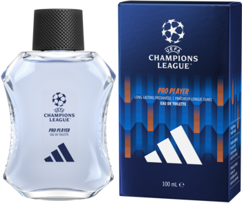 Adidas UEFA Champions League Pro Player EDT 100ml, świeży zapach w butelce i granatowym pudełku, widok z przodu.
