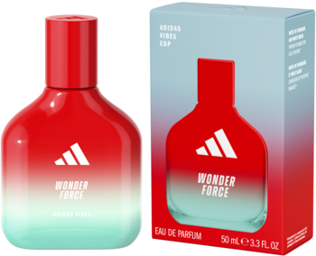 Adidas Vibes Wonder Force EDP 50ml. Czerwono-turkusowa butelka z białym logo i pudełko na jasnym tle.