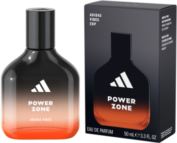 Woda perfumowana Adidas Power Zone, czarno-pomarańczowa butelka z logo i pasujące pudełko, przód.