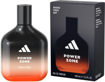 Flakon wody perfumowanej Adidas Vibes Power Zone 100ml, czarno-pomarańczowy gradient, obok pudełko z logo.
