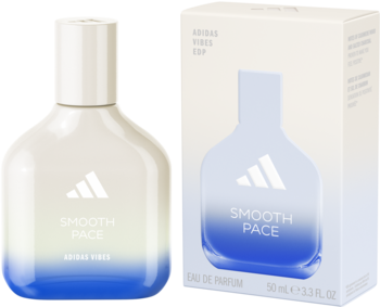 Woda perfumowana Adidas Vibes Smooth Pace, butelka i pudełko z błękitnym gradientem. Widok z przodu.