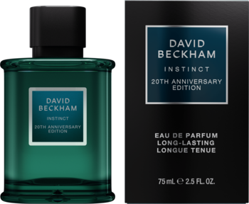 Męska woda perfumowana David Beckham Instinct 20th Anniversary Edition, ciemnozielona butelka obok czarnego opakowania.