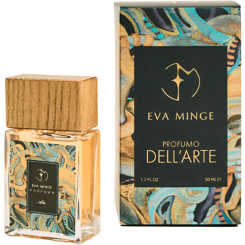 Flakon z drewnianą zatyczką i pudełko perfum Eva Minge Dell’Arte, orientalno-gourmand, w artystyczne wzory.