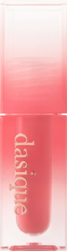 Błyszczyk Dasique Juicy Dewy Fig Berry w przezroczystej tubce z pionowym logo, widok z przodu.