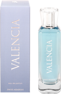 Woda perfumowana unisex Swiss Arabian Valencia w błękitnym pudełku i butelce obok siebie, zapach kwiatowo-owocowo-ambrowy.