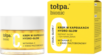 Tołpa Bionic Hydro-Glow krem w kapsułkach z witaminą C. Żółty słoik i pudełko, widoczne z przodu.