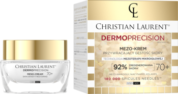 Christian Laurent Dermoprecision Mezo-krem 70+ z 180 000 mikroigieł w słoiku ze złotą pokrywką i złotym pudełku, widok z przodu.