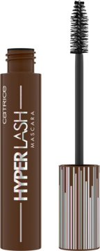 Catrice Hyper Lash Mascara 020 Speedy Brown, otwarta brązowa tuba i czarna szczoteczka z włókna.