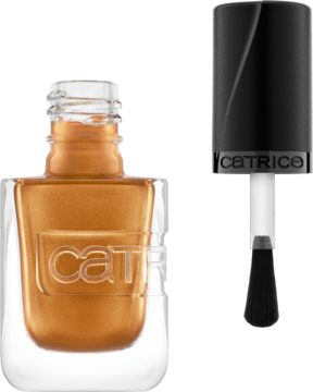 Lakier Catrice Gel Affair Copper Cabana, w złotej butelce z aplikatorem obok, widok z boku.