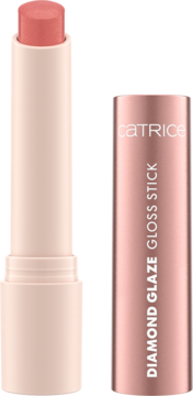 Catrice Diamond Glaze Gloss Stick w koralowym odcieniu. Błyszczyk w sztyfcie wysunięty, obok różowo-złota nakrętka.