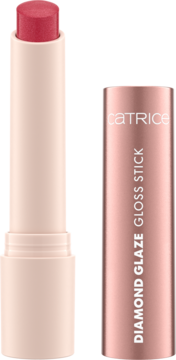 Błyszczyk Catrice Diamond Glaze Gloss Stick Too Glam otwarty, jagodowy odcień, jasnoróżowa obudowa, różowo-złota nakładka.