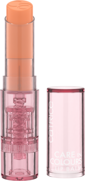Otwarty Catrice Care In Colours Lip Balm 080 Happy Hour w ciepłym nude z masłem shea. Przezroczysta różowa tubka i nakrętka.