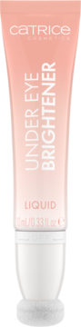 Catrice rozświetlający Under Eye Brightener Liquid, brzoskwiniowa tubka, biały aplikator-gąbeczka, widok z przodu.