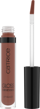 Catrice Gloss Obsessed Lip Glaze w brązowo-nude odcieniu, otwarty, z widocznym aplikatorem obok opakowania.