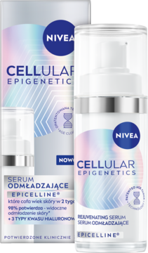 Serum NIVEA Cellular Epigenetics Odmładzające z Epicelline, biała butelka z pompką, widok z przodu, na tle mniejszej butelki i pudełka.