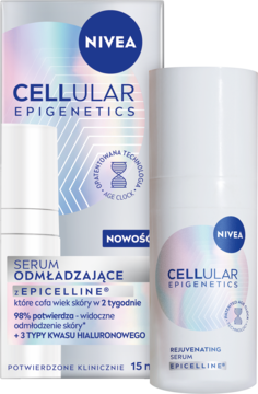 NIVEA Cellular Epigenetics Serum Odmładzające z Epicelline i kwasem hialuronowym w białej butelce z holograficznym wzorem, widok z przodu.