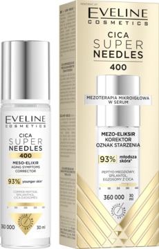 Eveline CICA Super Needles 400 korektor oznak starzenia, biała butelka z pipetą i pudełko obok.