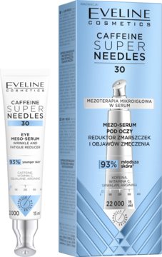 Eveline Caffeine Super Needles Eye Meso-Serum 30 w tubce i opakowaniu, reduktor zmarszczek i zmęczenia, przód.